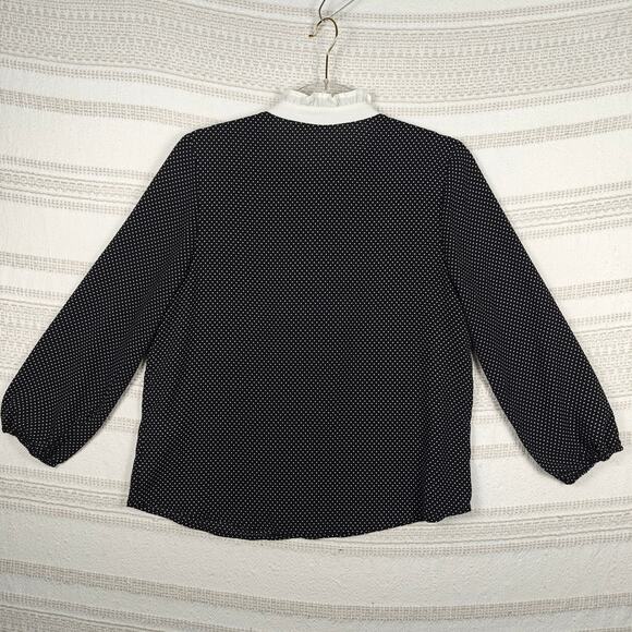 Monteau Black White Polka Dot Ruffle Collar Button Blouse Top L NEW - Picture 2 of 7